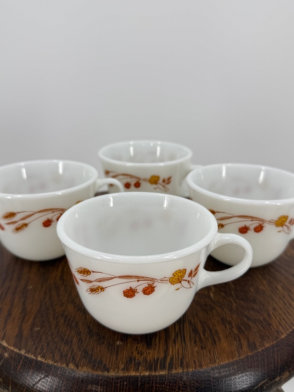 Vintage Pyrex Autumn Harvest Wheat Berry Teacups Coffee Mugs Milk Glass Set of 4